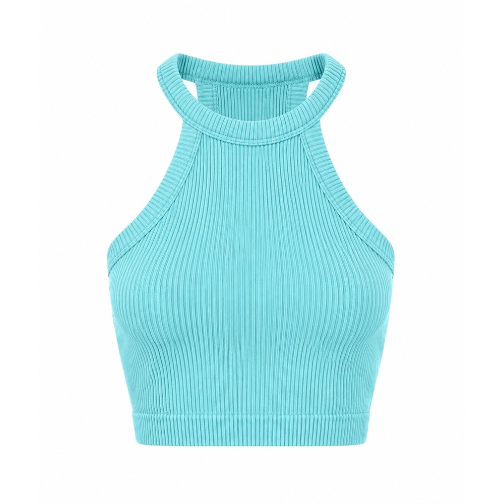 Aerie Real Good Seamless Ribbed Halter Crop Top‎ tank women XS aqua activewear